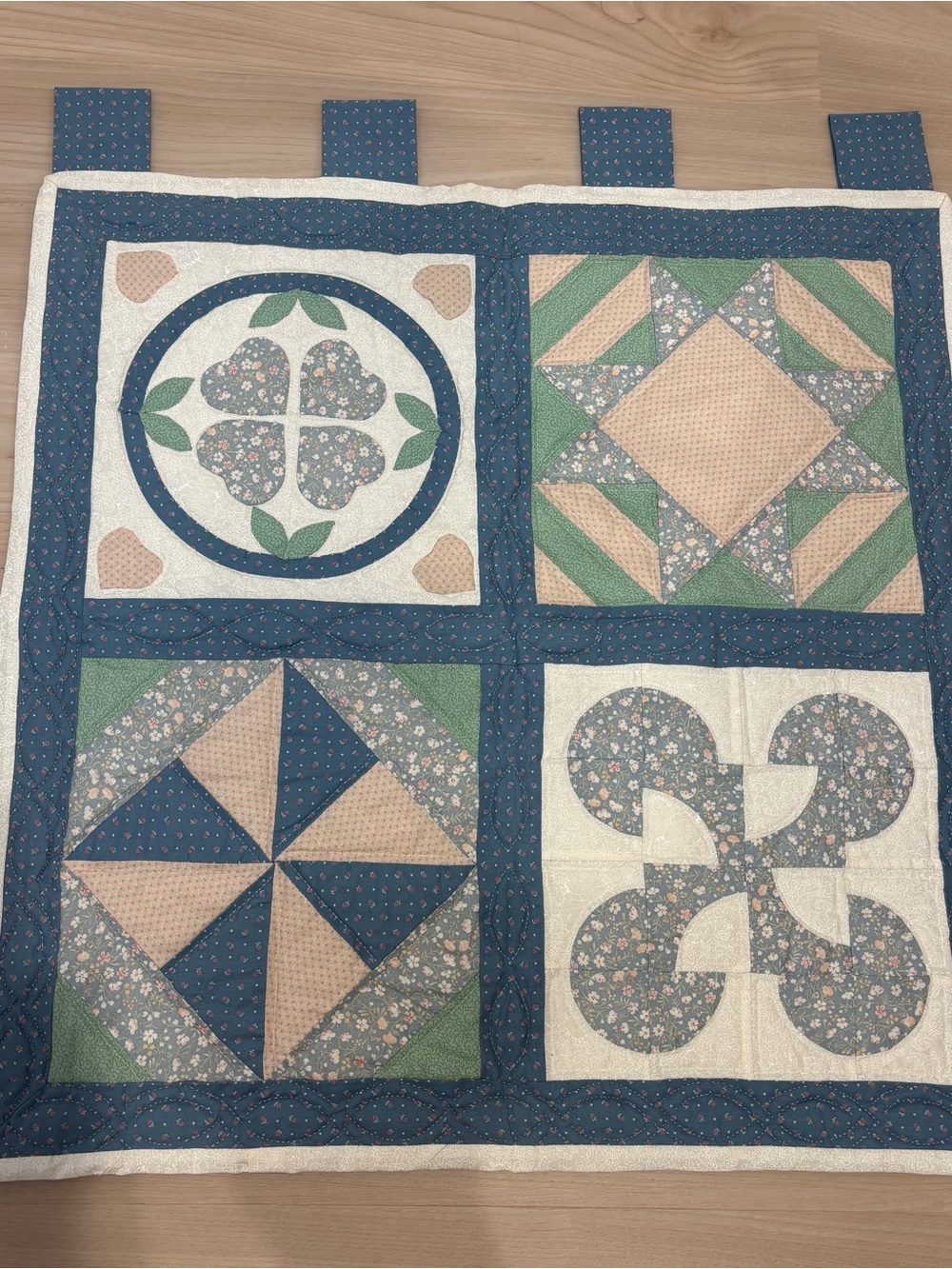 Handmade & Hand quilted Wall Hanging in Light Blues, Light Green Calico 30x30